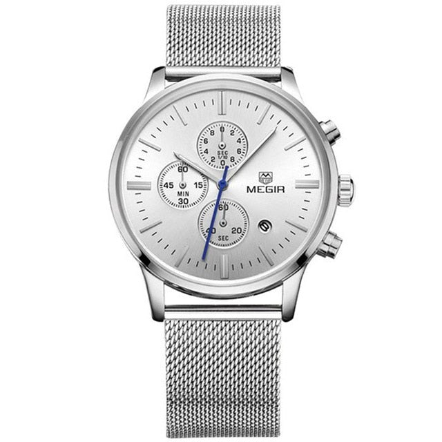 Fashion Luxury Brand MEGIR Watches Men Stainless Steel Mesh Band Quartz Sport Watch Chronograph Men's Wrist Watches Clock Men