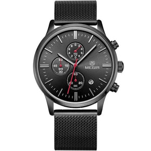 Fashion Luxury Brand MEGIR Watches Men Stainless Steel Mesh Band Quartz Sport Watch Chronograph Men's Wrist Watches Clock Men