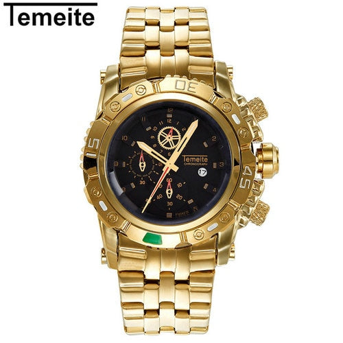 TEMEITE Creative Golden Men Quartz Wristwatches 3D Dial Design Full Steel Calendar Waterproof Big Watches Top Brand Luxury Clock