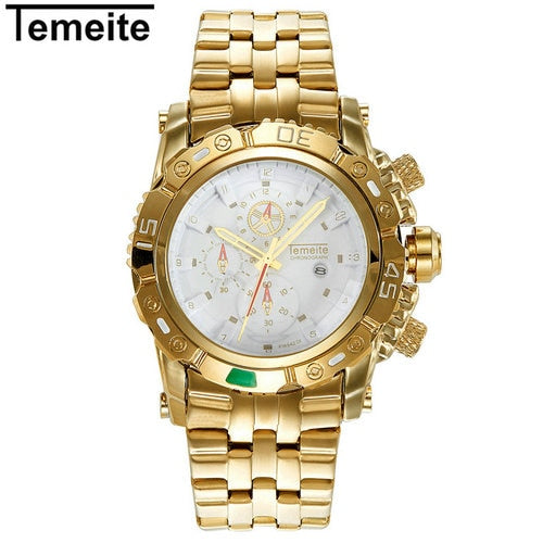 TEMEITE Creative Golden Men Quartz Wristwatches 3D Dial Design Full Steel Calendar Waterproof Big Watches Top Brand Luxury Clock