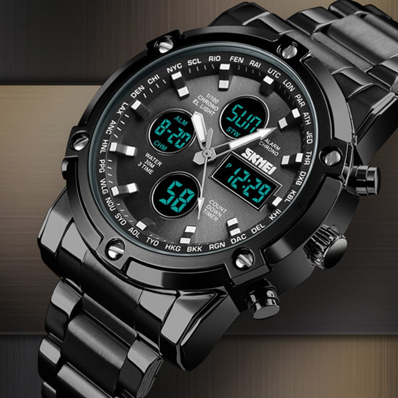 Analog Digital Watches Men Led Full Steel Male Clock Men Military Wristwatch Quartz Sports Watch reloj hombre 2018 SKMEI