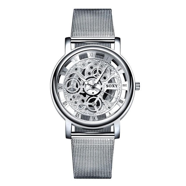 Fashion Business Skeleton Watch Men Engraving Hollow Dress Quartz Wristwatch Stainless Steel Band Women Clock Relojes Mujer