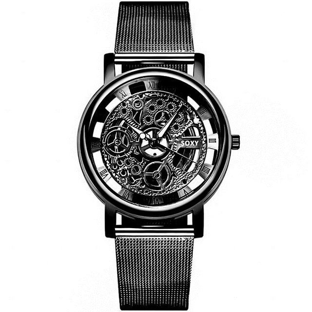 Fashion Business Skeleton Watch Men Engraving Hollow Dress Quartz Wristwatch Stainless Steel Band Women Clock Relojes Mujer