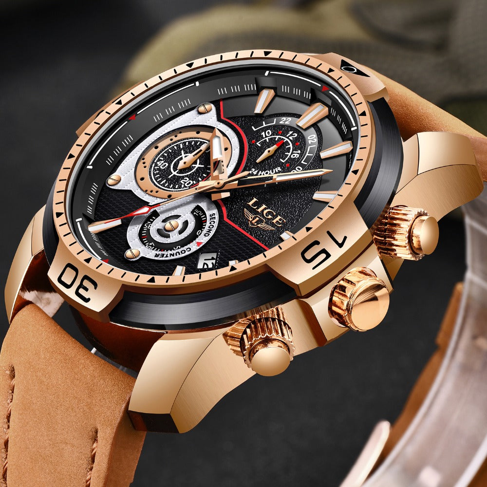 2019 LIGE Mens Watches Top Brand Luxury Casual Leather Quartz Clock Male Sport Waterproof Watch Gold Watch Men Relogio Masculino
