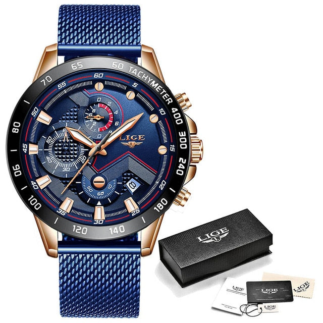 2019 New LIGE Blue Casual Mesh Belt Fashion Quartz Gold Watch Mens Watches Top Brand Luxury Waterproof Clock Relogio Masculino